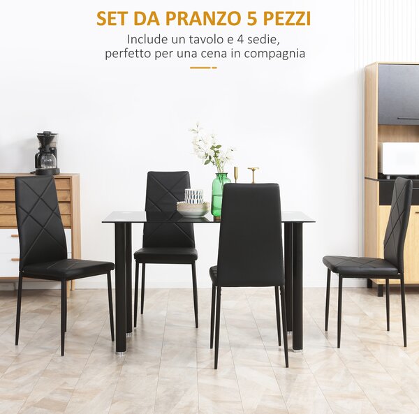 HOMCOM Set Tavolo da Pranzo Moderno con 4 Sedie Imbottite in Finta Pelle e Piano in Vetro Temperato Nero per Cucina e Soggiorno Elegante|Aosom