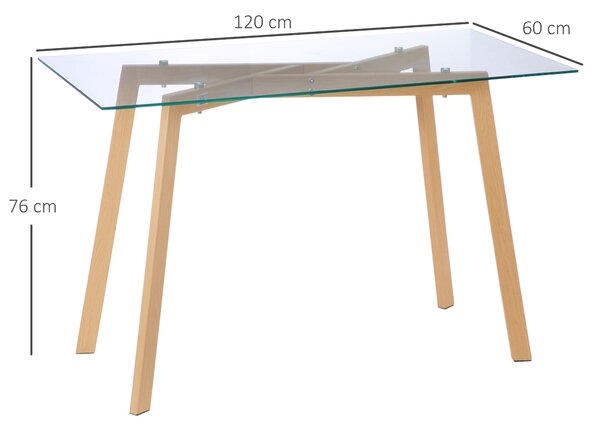 HOMCOM Tavolo da Pranzo Rettangolare in Acciaio, Piano in Vetro Temperato, 4 Persone Max, per Cucina, Sala da Pranzo e Soggiorno, 120x60x76 cm | Aosom