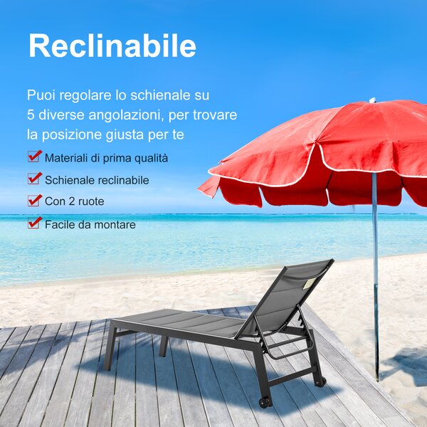 Outsunny Lettino Prendisole Reclinabile su 5 Livelli Imbottito, Lettino da Giardino in Alluminio e Texteline, 72x168x102cm, Grigio | Aosom Italy
