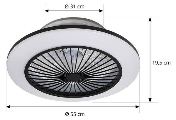 Lindby Ventilatore da soffitto LED Mamuti, nero, silenzioso, Ø 55 cm Mamuti Lindby, dimmerabile, Nero, Soggiorno / Sala da pranzo, Alluminio, Moderno