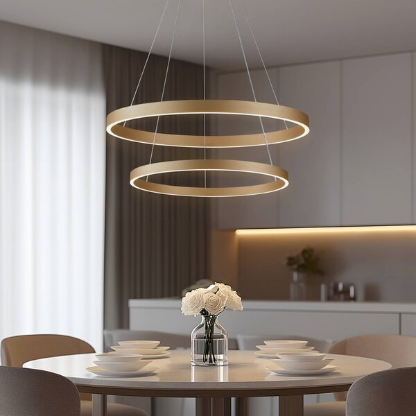 Lucande Smart LED lampada a sospensione Yonam, oro, 2 luci, Tuya Yonam Lucande, dimmerabile, Ottone / Oro, Soggiorno / Sala da pranzo, Alluminio, Moderno