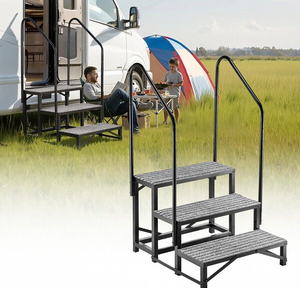 Scala di accesso per camper - Scala esterna a 3 gradini - Due corrimano - Portata 300 kg - Gradini antiscivolo - Per anziani e animali domestici - Per camper, roulotte e verande