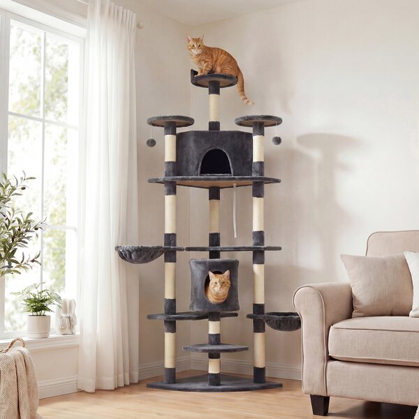 Albero Tiragraffi per Gatti 60x60x200 cm con Casette e Amache in Peluche e Sisal Grigio Scuro