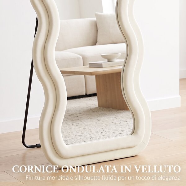 HOMCOM Specchio da Terra a Cornice Ondulata in Velluto, 160x60 cm, in Vetro Temperato, Crema | Aosom Italy