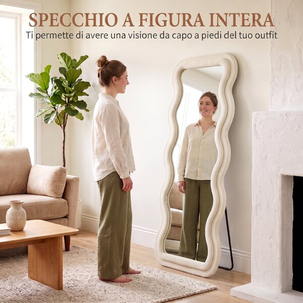 HOMCOM Specchio da Terra a Cornice Ondulata in Velluto, 160x60 cm, in Vetro Temperato, Crema | Aosom Italy