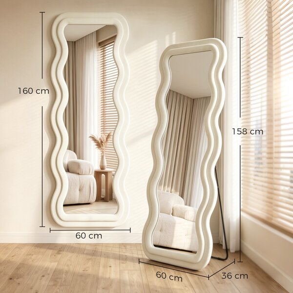 HOMCOM Specchio da Terra a Cornice Ondulata in Velluto, 160x60 cm, in Vetro Temperato, Crema | Aosom Italy