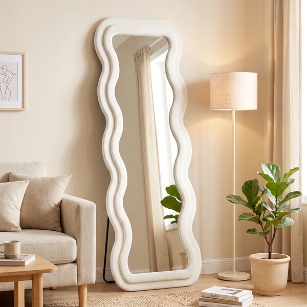 HOMCOM Specchio da Terra a Cornice Ondulata in Velluto, 160x60 cm, in Vetro Temperato, Crema | Aosom Italy
