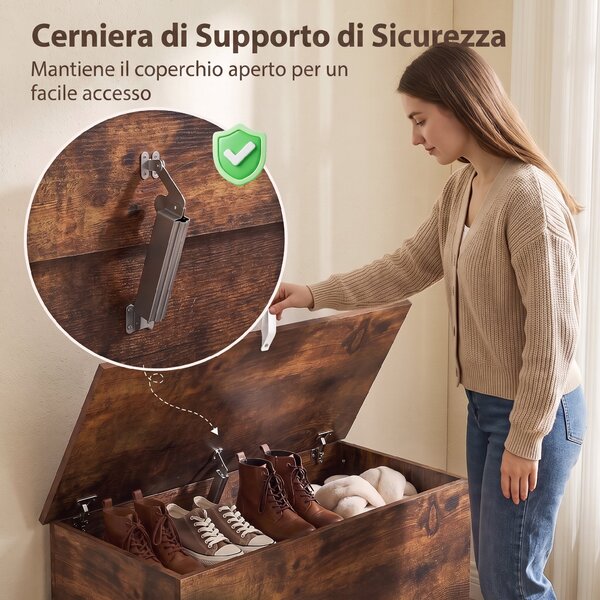 HOMCOM Cassapanca Contenitore, Panca Portascarpe con Coperchio di Sicurezza, Fondoletto, Marrone Rustico | Aosom Italy