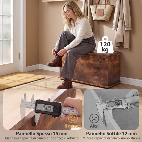 HOMCOM Cassapanca Contenitore, Panca Portascarpe con Coperchio di Sicurezza, Fondoletto, Marrone Rustico | Aosom Italy