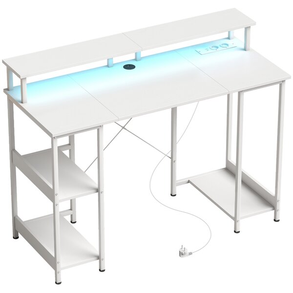 HOMCOM Scrivania per Computer Reversibile Ripiani, 120x50 cm, con Prese Elettriche e Luci LED, Bianco Effetto Legno | Aosom Italy