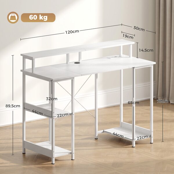 HOMCOM Scrivania per Computer Reversibile Ripiani, 120x50 cm, con Prese Elettriche e Luci LED, Bianco Effetto Legno | Aosom Italy