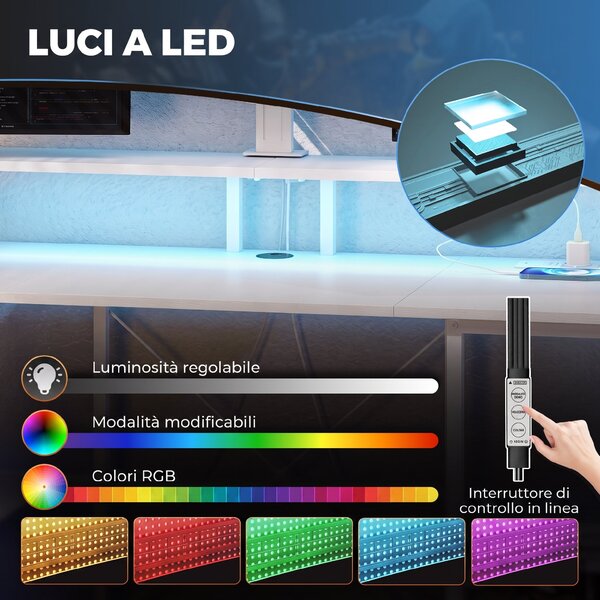 HOMCOM Scrivania per Computer Reversibile Ripiani, 120x50 cm, con Prese Elettriche e Luci LED, Bianco Effetto Legno | Aosom Italy