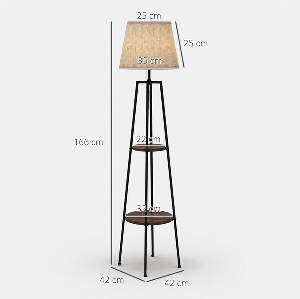 HOMCOM Lampada da Terra a 2 Ripiani in Metallo e MDF con Paralume in Tessuto, Ø42x166 cm, Nero e Marrone