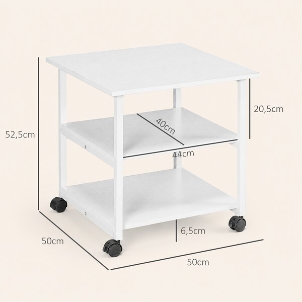HOMCOM Carrello salvaspazio Porta Stampante a 3 Ripiani, mobile da ufficio con 4 Ruote, Legno e Acciaio, 50x50x52.5cm, Bianco|Aosom Italy