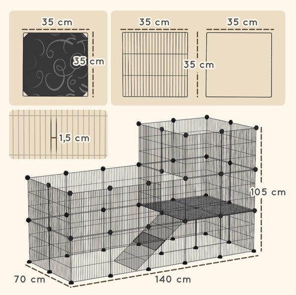 PawHut Recinto per Animali Modulabile e Multilivello con 39 Pannelli, in Acciaio e PP, 140x70x105 cm, Nero