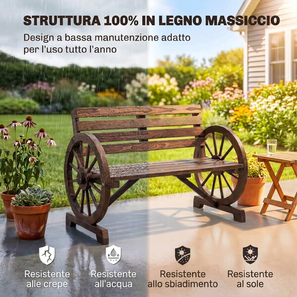 Outsunny Panchina da Giardino da 2 Posti con Braccioli a Ruota, Panchina da Esterno a Doghe in Legno di Abete, Stile Country, Panca per Terrazza Patio e Cortile, 105.5x56x79 cm, Carbonizzato | Aosom Italy