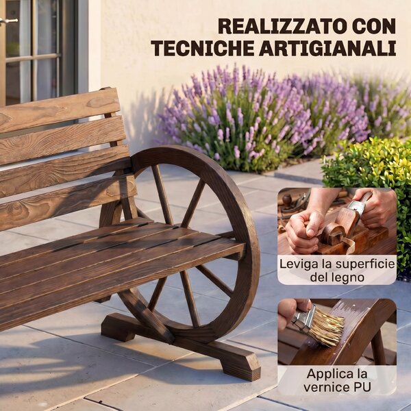 Outsunny Panchina da Giardino da 2 Posti con Braccioli a Ruota, Panchina da Esterno a Doghe in Legno di Abete, Stile Country, Panca per Terrazza Patio e Cortile, 105.5x56x79 cm, Carbonizzato | Aosom Italy