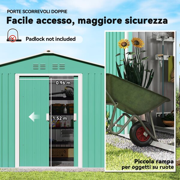 Outsunny Casetta da Giardino Porta Attrezzi in Acciaio con Tetto Inclinato e 2 Porte Scorrevoli, 277x195x192 cm, Verde Scuro | Aosom Italy