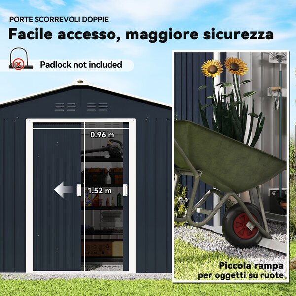 Outsunny Casetta Porta Attrezzi in Acciaio con Tetto Inclinato e 2 Porte Scorrevoli, 277x195x192 cm, Grigio Scuro | Aosom Italy