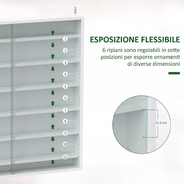 HOMCOM Bacheca Portaoggetti a 5 Ripiani Regolabili in Legno con Ante in Vetro, 80x9.5x83 cm, Bianco | Aosom Italy