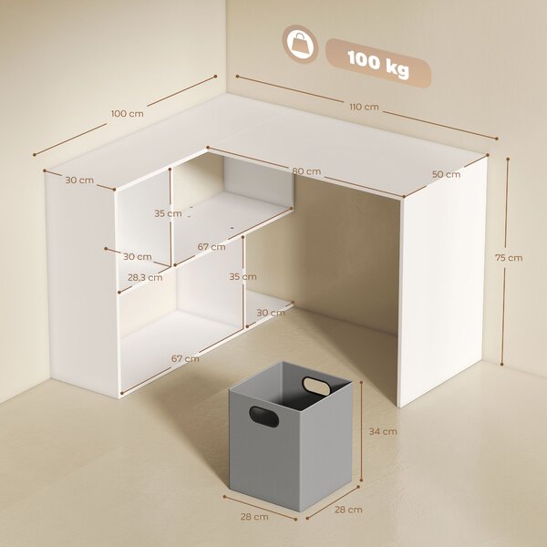 HOMCOM Scrivania Angolare Moderna con Scaffale e Cassetto in Tessuto, 110x100x75 cm, Bianco | Aosom Italy