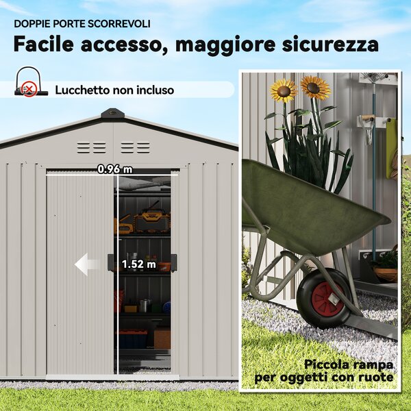 Outsunny Casetta da Giardino con Prese d'Aria e Tetto Inclinato, Doppia Porta Scorrevole Bloccabile, Grigio Argento | Aosom Italy