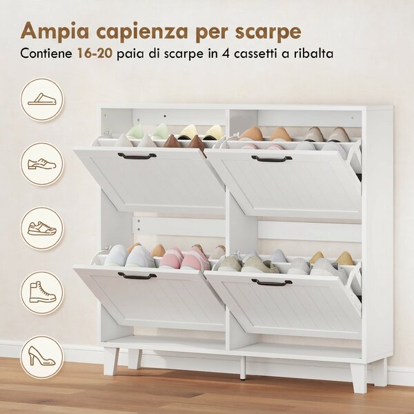 HOMCOM Mobile Scarpe, 4 Cassetti Ribaltabili, Salvaspazio con Ripiani Regolabili, Bianco | Aosom Italy