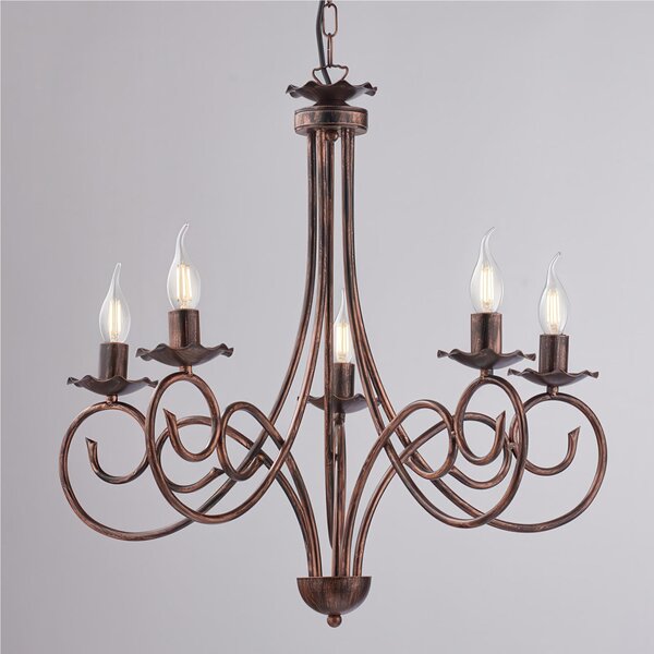 Lampadario Alma in ferro laccato nero con decorazione rame 5 luci , altezza 60 Cm, Cavo allungabile fino a 120 Cm, larghezza 57 Cm