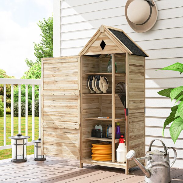 Outsunny Capanno con 4 Ripiani, Tetto in Asfalto Impermeabile, in Legno, 80x49x170 cm, Marrone Chiaro | Aosom Italy