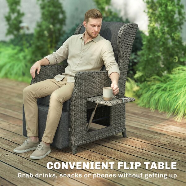 Outsunny Poltrona in Rattan con Tavolino Pieghevole, Schienale e Poggiapiedi Regolabili, 81x58x98,5 cm, Grigio Scuro | Aosom Italy