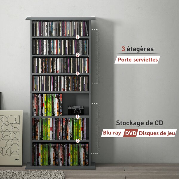 HOMCOM Scaffali per CD e DVD con 8 Scomparti e 6 Ripiani Regolabili, Grigio | Aosom Italy
