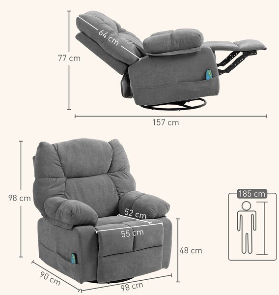 HOMCOM Poltrona Relax Massaggiante con Funzione Reclinabile e Girevole, 4 Tasche Laterali e Telecomando, Grigio Scuro | Aosom Italy