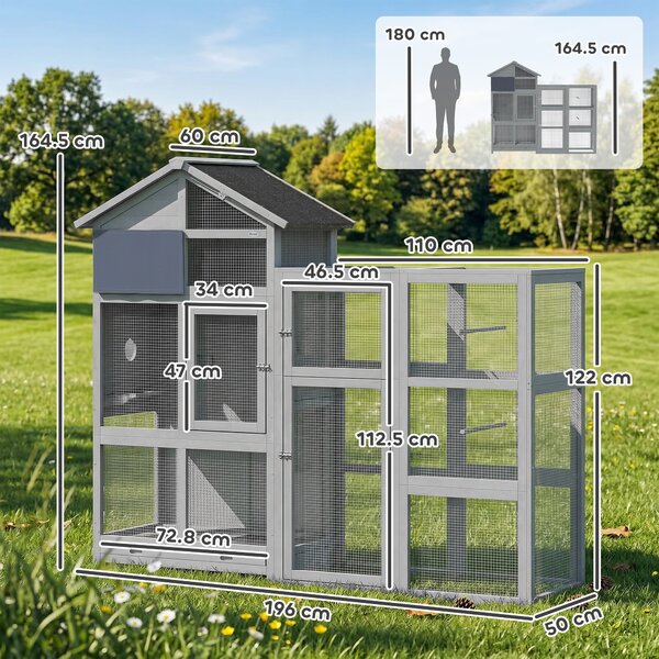 PawHut Voliera in Legno con 6 Posatoi, Scomparto, Cassetto Estraibile e Ciotole in Acciaio Inox, 196x60x164,5 cm, Grigio | Aosom Italy