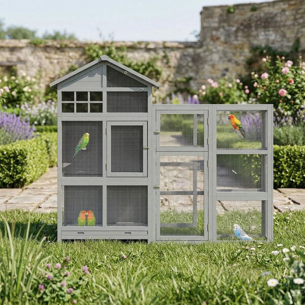 PawHut Voliera in Legno con 6 Posatoi, Scomparto, Cassetto Estraibile e Ciotole in Acciaio Inox, 196x60x164,5 cm, Grigio | Aosom Italy