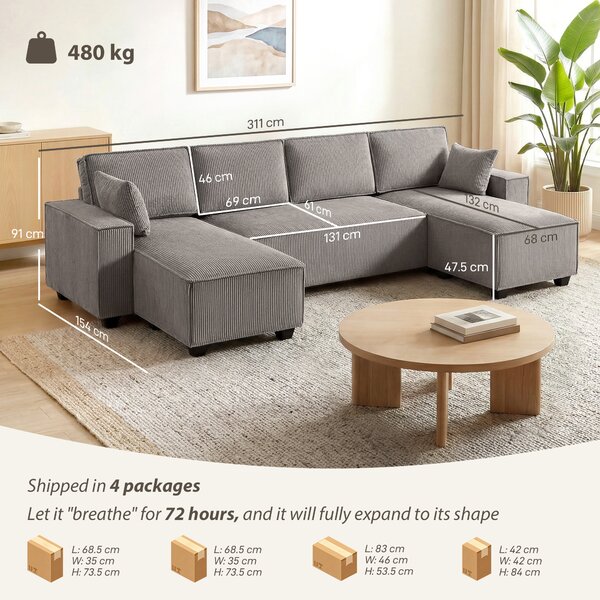 HOMCOM Divano Angolare con Doppia Chaise Longue, Divano a U in Tessuto a Coste con Seduta Ampia e Profonda, Cuscini a Molle, Grigio Chiaro | Aosom Italy