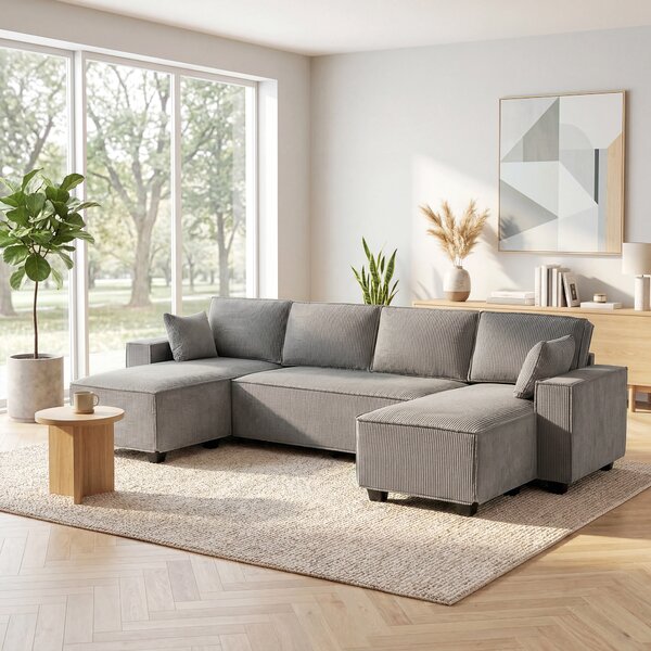 HOMCOM Divano Angolare con Doppia Chaise Longue, Divano a U in Tessuto a Coste con Seduta Ampia e Profonda, Cuscini a Molle, Grigio Chiaro | Aosom Italy