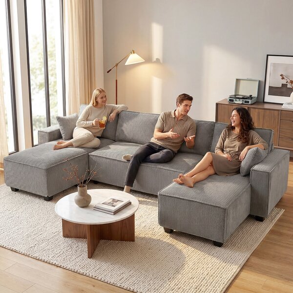 HOMCOM Divano Angolare con Doppia Chaise Longue, Divano a U in Tessuto a Coste con Seduta Ampia e Profonda, Cuscini a Molle, Grigio Chiaro | Aosom Italy