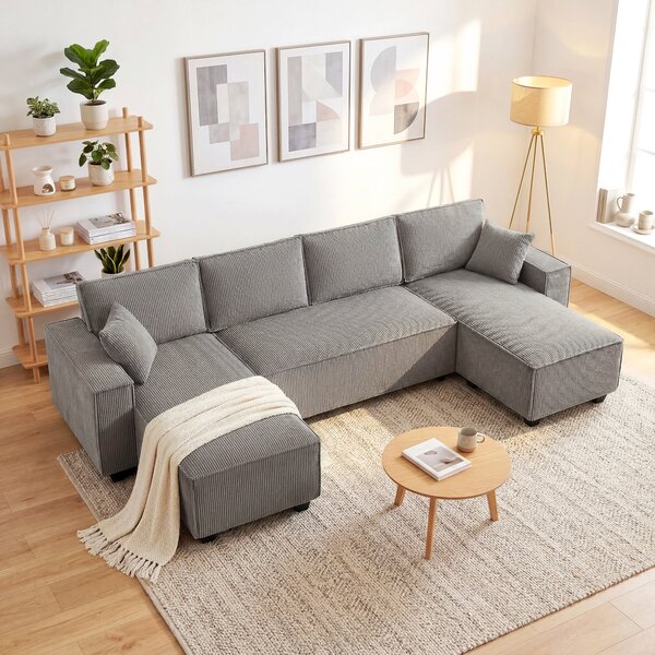 HOMCOM Divano Angolare con Doppia Chaise Longue, Divano a U in Tessuto a Coste con Seduta Ampia e Profonda, Cuscini a Molle, Grigio Chiaro | Aosom Italy