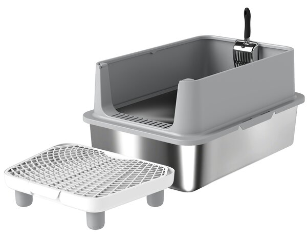 PawHut Cassetta per Lettiera in Acciaio Inossidabile, Pareti Laterali Alte, con Pedale, Tappetini Filtranti e Paletta, 60,2x40,2x29,6 cm, Grigio | Aosom Italy