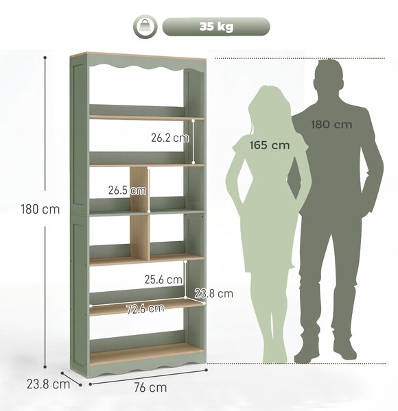 HOMCOM Libreria a 6 Livelli con 6 Scomparti Aperti, 76x23,8x180 cm, Legno Naturale e Verde | Aosom Italy