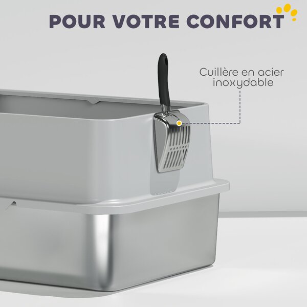 PawHut Cassetta per Lettiera in Acciaio Inossidabile, Pareti Laterali Alte, con Pedale, Tappetini Filtranti e Paletta, 60,2x40,2x29,6 cm, Grigio | Aosom Italy