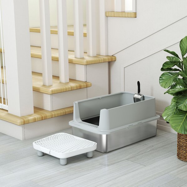 PawHut Cassetta per Lettiera in Acciaio Inossidabile, Pareti Laterali Alte, con Pedale, Tappetini Filtranti e Paletta, 60,2x40,2x29,6 cm, Grigio | Aosom Italy