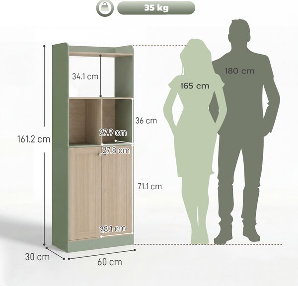 HOMCOM Libreria a 5 Livelli, Mobile Contenitore, Scaffale per Libri con 2 Ante, 60x30x161,2 cm, Verde e Legno Naturale | Aosom Italy
