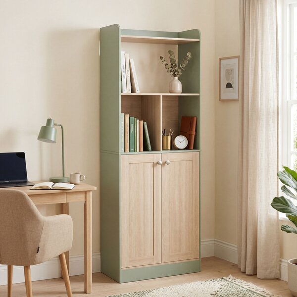 HOMCOM Libreria a 5 Livelli, Mobile Contenitore, Scaffale per Libri con 2 Ante, 60x30x161,2 cm, Verde e Legno Naturale | Aosom Italy
