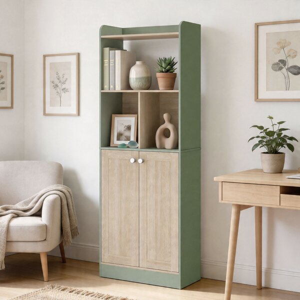 HOMCOM Libreria a 5 Livelli, Mobile Contenitore, Scaffale per Libri con 2 Ante, 60x30x161,2 cm, Verde e Legno Naturale | Aosom Italy