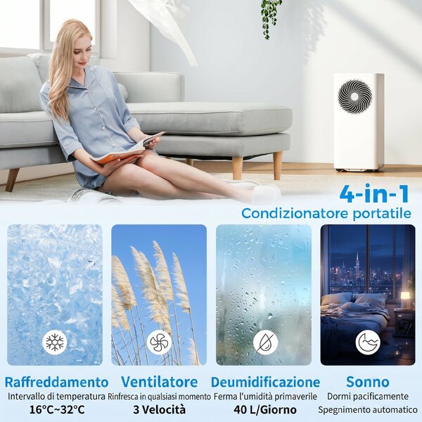 HOMCOM Condizionatore Portatile 9000BTU, 2.6kW 4 in 1, Classe A, Telecomando, Display LED, Timer 24H, per 33 m², Bianco | Aosom Italy