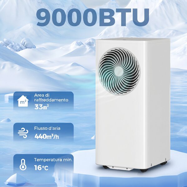 HOMCOM Condizionatore Portatile 9000BTU, 2.6kW 4 in 1, Classe A, Telecomando, Display LED, Timer 24H, per 33 m², Bianco | Aosom Italy
