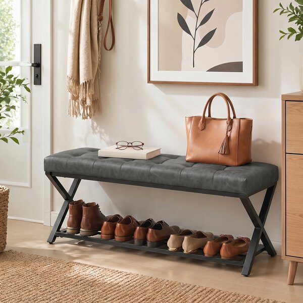 HOMCOM Panca Porta Scarpe d'Ingresso con Rivestimento in Ecopelle, 112x37x47 cm, Grigio Scuro | Aosom Italy
