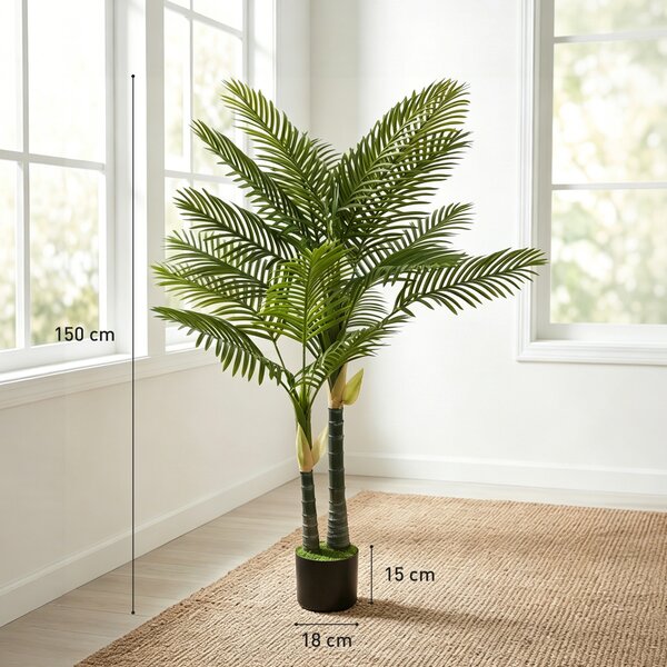 HOMCOM Palma Artificiale 150 cm in Vaso con 16 Fronde per Soggiorno e Balcone Decorazione, Verde | Aosom Italy