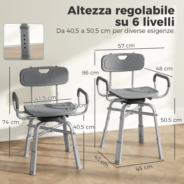 HOMCOM Sedia per Doccia Girevole ad Altezza Regolabile con Braccioli, Schienale, Capacità 150 kg, Grigio | Aosom Italy